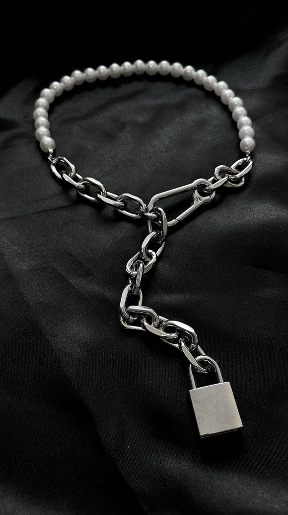 Odette Pearl and chain padlock necklace