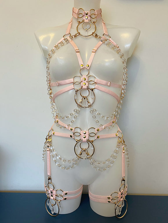 Cherish elasticated crystal suspenders choker and harness set