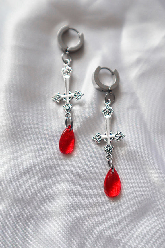 Upside down cross blood drip earrings