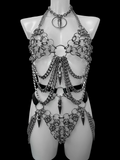 Slayer o ring choker, bra harness,  and thong set with spike and o ring details.
